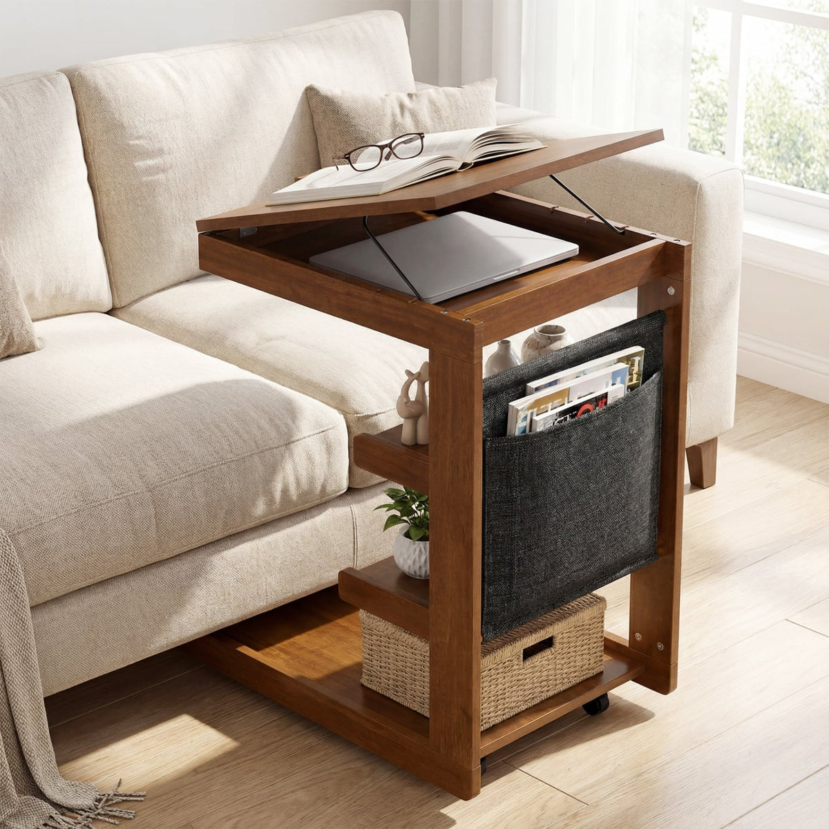 C-shaped End Table with Wheels and Adjustable Desktop for Sofa Couch Bedside-Brown-End & Side Tables-DECOROLALA