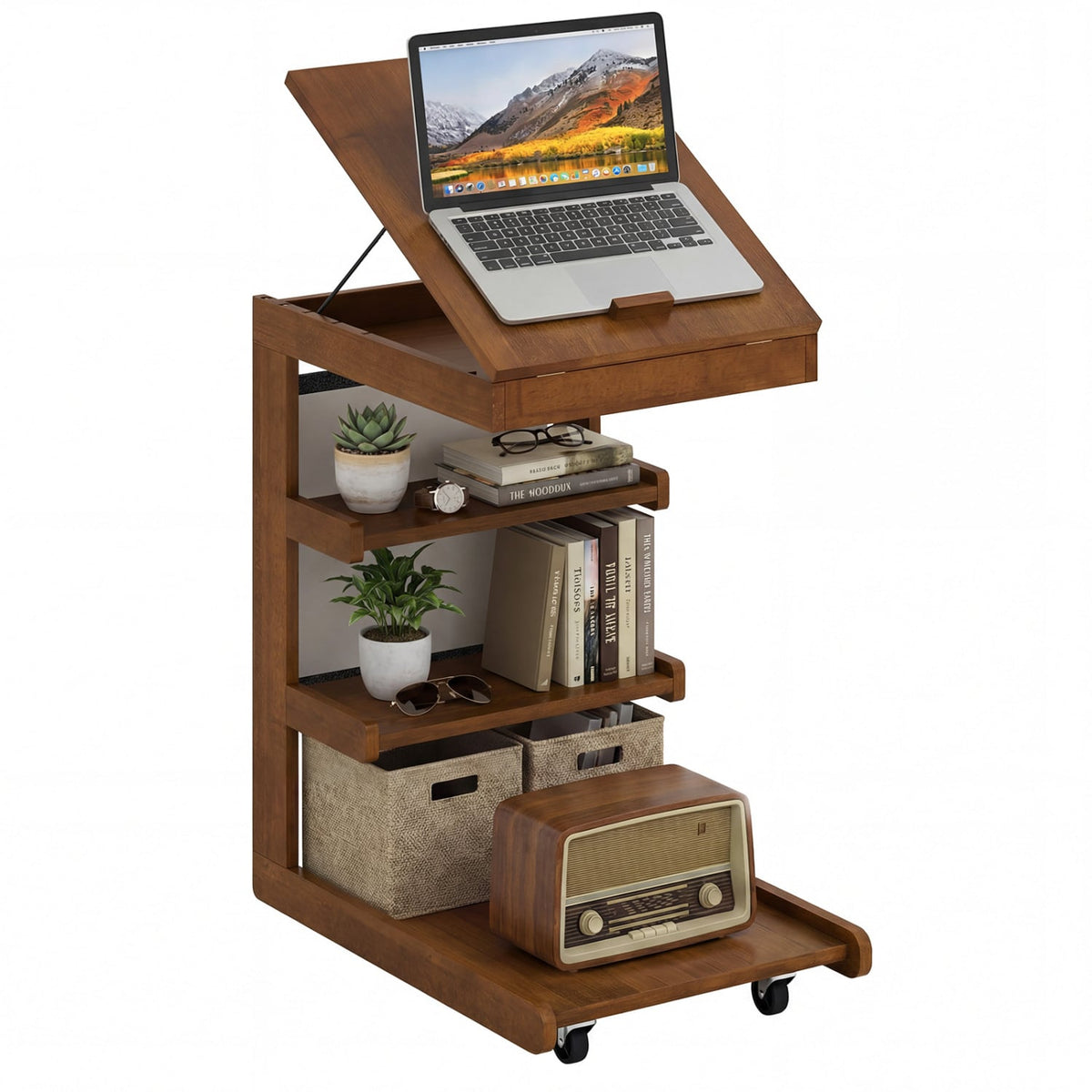 C-shaped End Table with Wheels and Adjustable Desktop for Sofa Couch Bedside-Brown-End & Side Tables-DECOROLALA