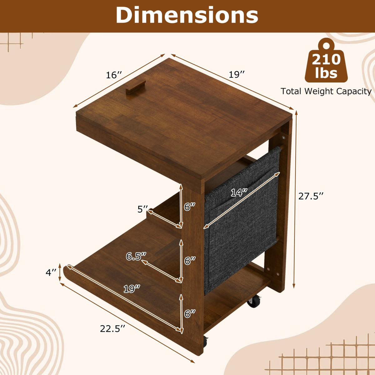 C-shaped End Table with Wheels and Adjustable Desktop for Sofa Couch Bedside-Brown-End & Side Tables-DECOROLALA