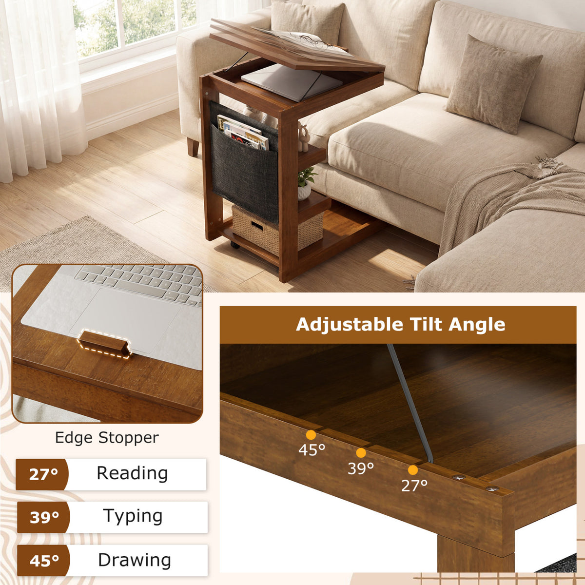 C-shaped End Table with Wheels and Adjustable Desktop for Sofa Couch Bedside-Brown-End & Side Tables-DECOROLALA