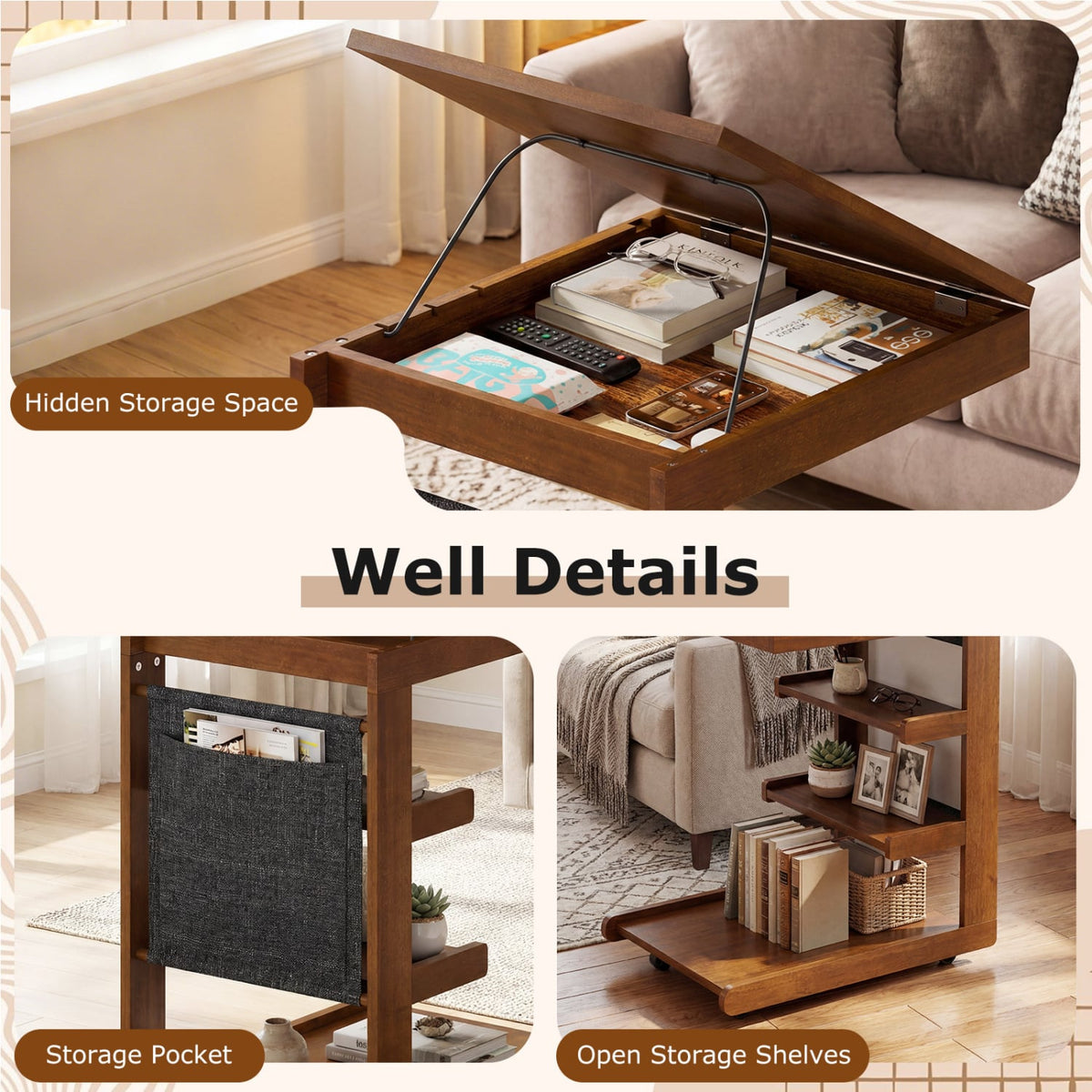 C-shaped End Table with Wheels and Adjustable Desktop for Sofa Couch Bedside-Brown-End & Side Tables-DECOROLALA
