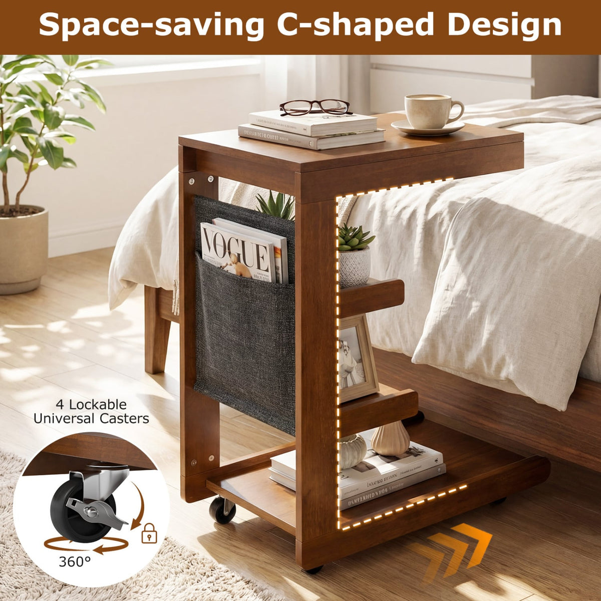 C-shaped End Table with Wheels and Adjustable Desktop for Sofa Couch Bedside-Brown-End & Side Tables-DECOROLALA