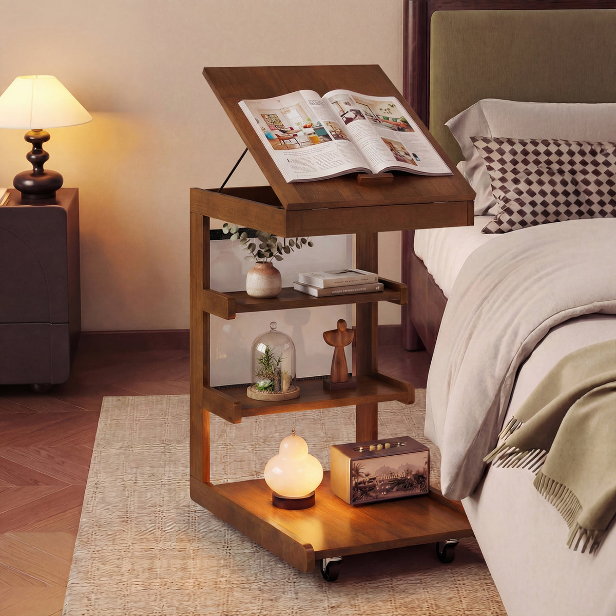 C-shaped End Table with Wheels and Adjustable Desktop for Sofa Couch Bedside-Brown-End & Side Tables-DECOROLALA