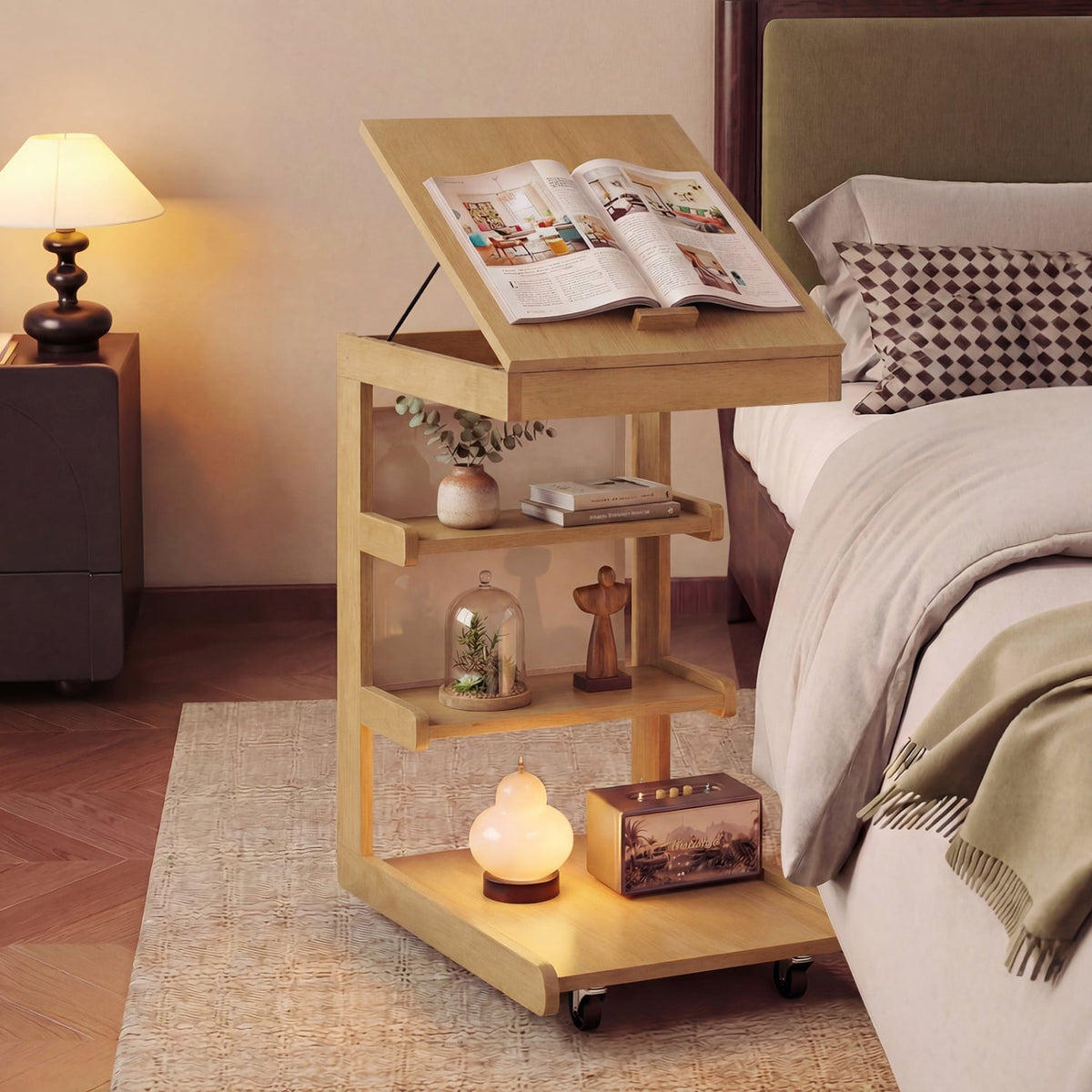 C-shaped End Table with Wheels and Adjustable Desktop for Sofa Couch Bedside-Natural-End & Side Tables-DECOROLALA