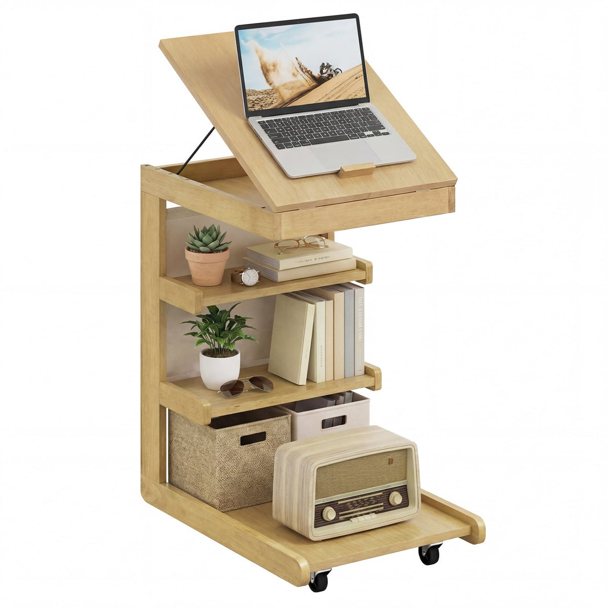 C-shaped End Table with Wheels and Adjustable Desktop for Sofa Couch Bedside-Natural-End & Side Tables-DECOROLALA