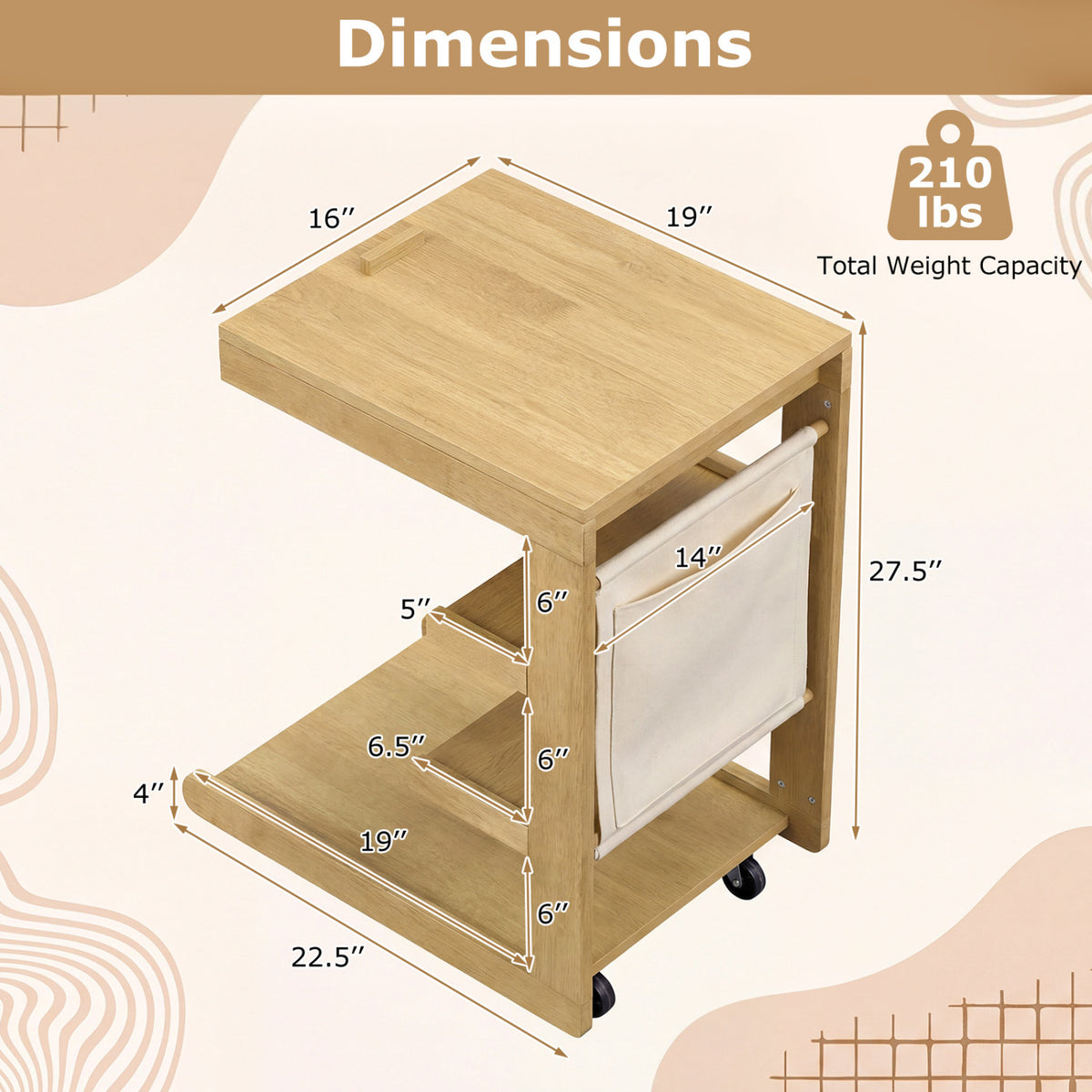 C-shaped End Table with Wheels and Adjustable Desktop for Sofa Couch Bedside-Natural-End & Side Tables-DECOROLALA