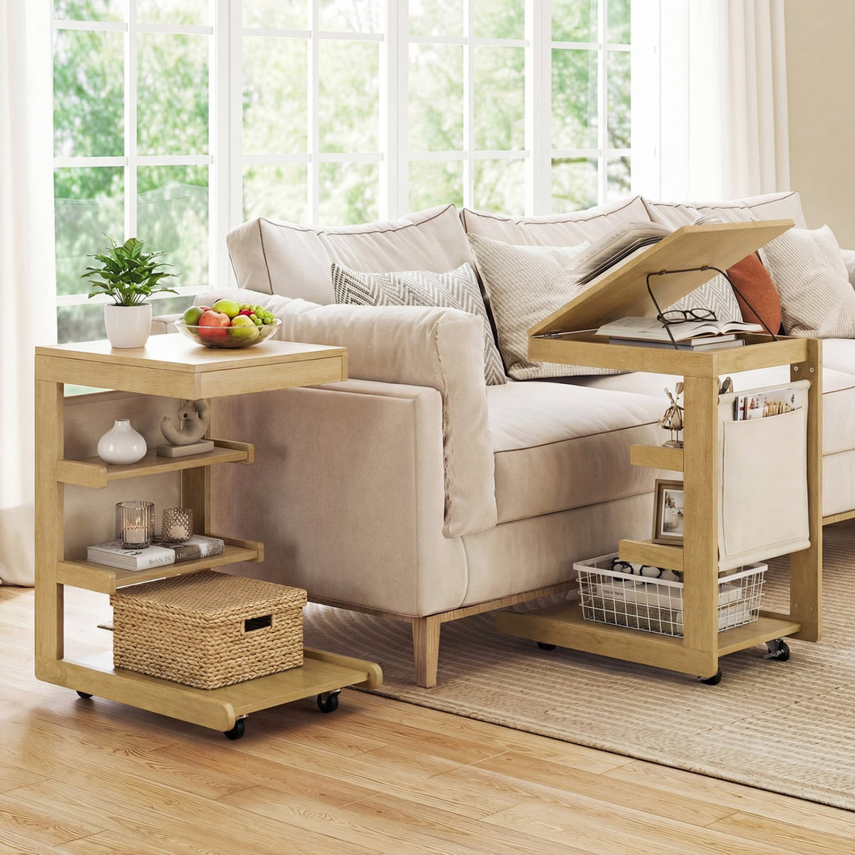C-shaped End Table with Wheels and Adjustable Desktop for Sofa Couch Bedside-Natural-End & Side Tables-DECOROLALA
