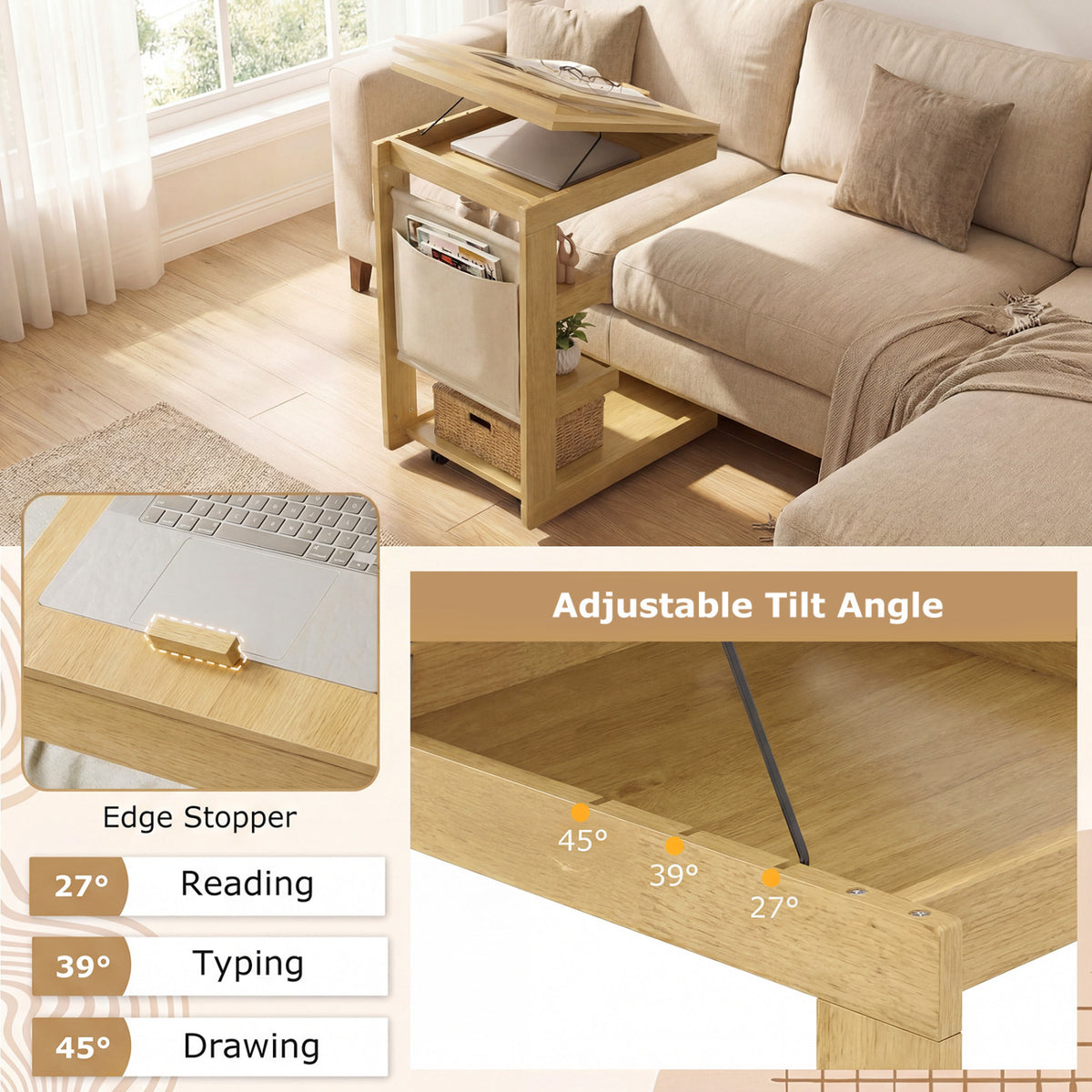 C-shaped End Table with Wheels and Adjustable Desktop for Sofa Couch Bedside-Natural-End & Side Tables-DECOROLALA