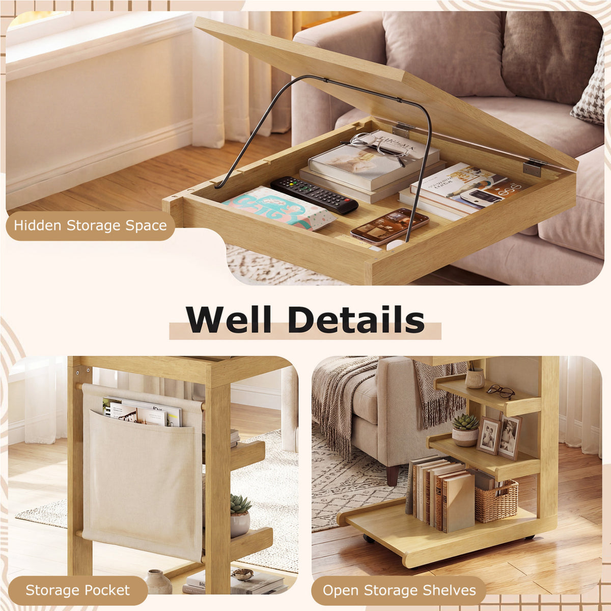 C-shaped End Table with Wheels and Adjustable Desktop for Sofa Couch Bedside-Natural-End & Side Tables-DECOROLALA