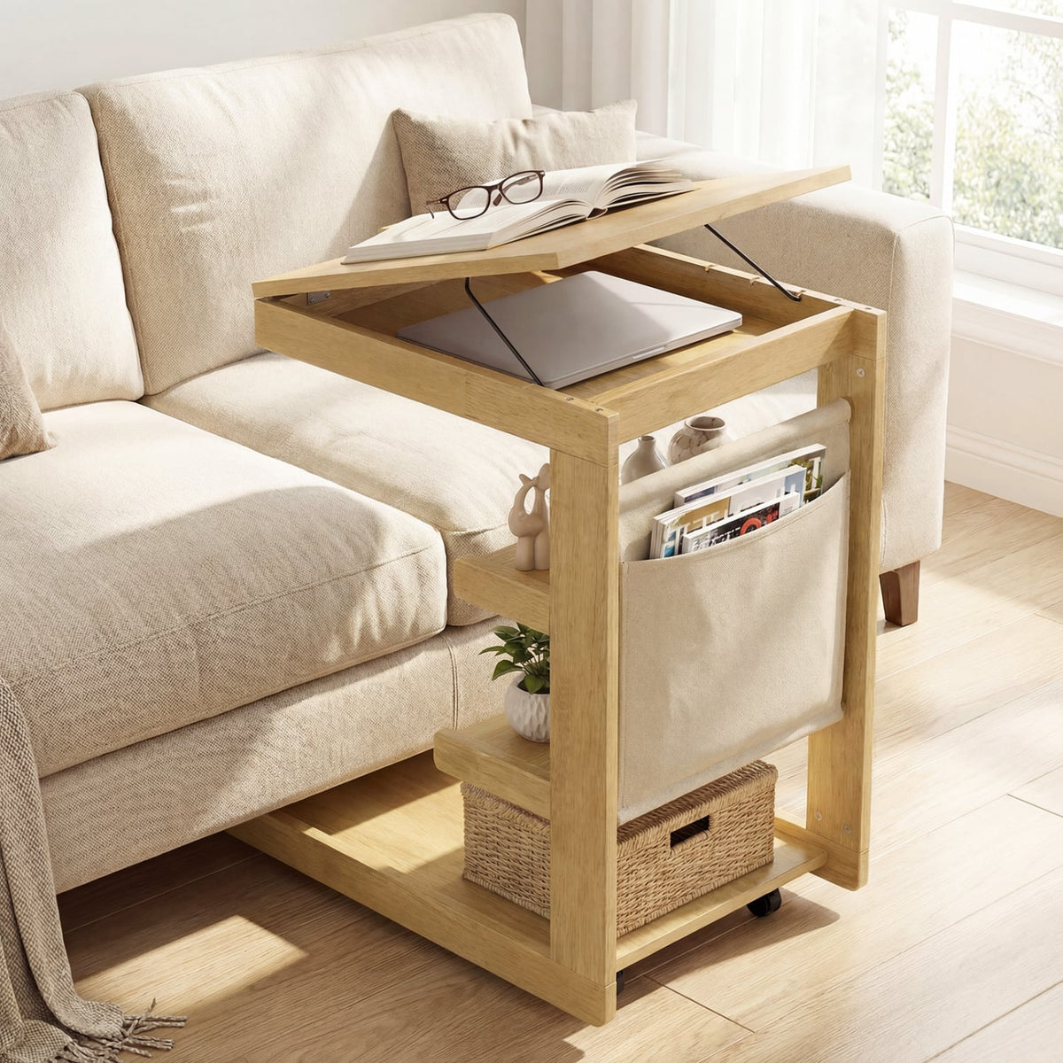 C-shaped End Table with Wheels and Adjustable Desktop for Sofa Couch Bedside-Natural-End & Side Tables-DECOROLALA