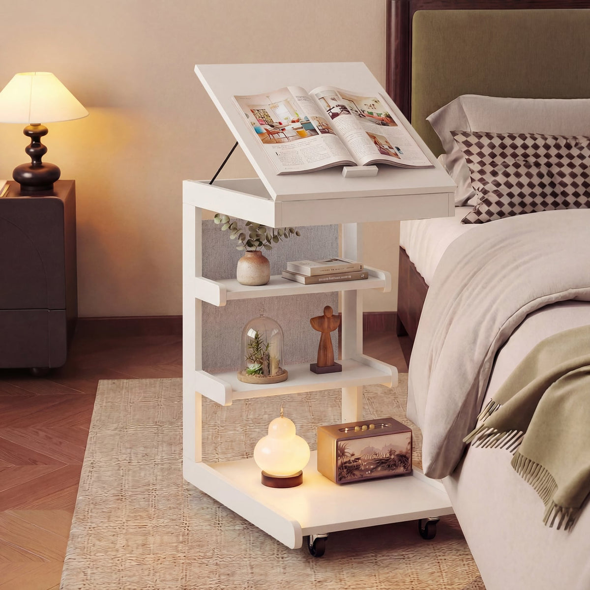 C-shaped End Table with Wheels and Adjustable Desktop for Sofa Couch Bedside-White-End & Side Tables-DECOROLALA