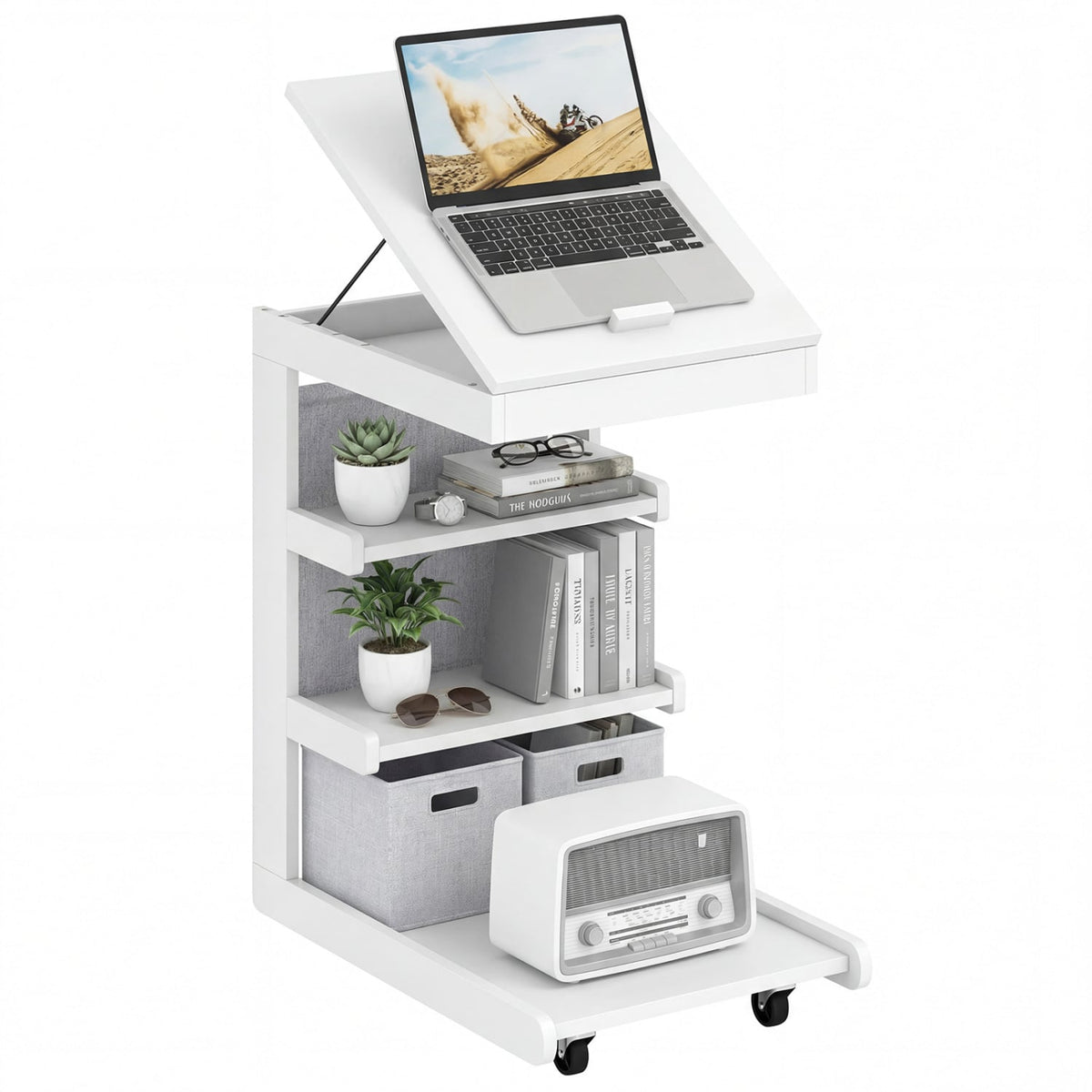 C-shaped End Table with Wheels and Adjustable Desktop for Sofa Couch Bedside-White-End & Side Tables-DECOROLALA