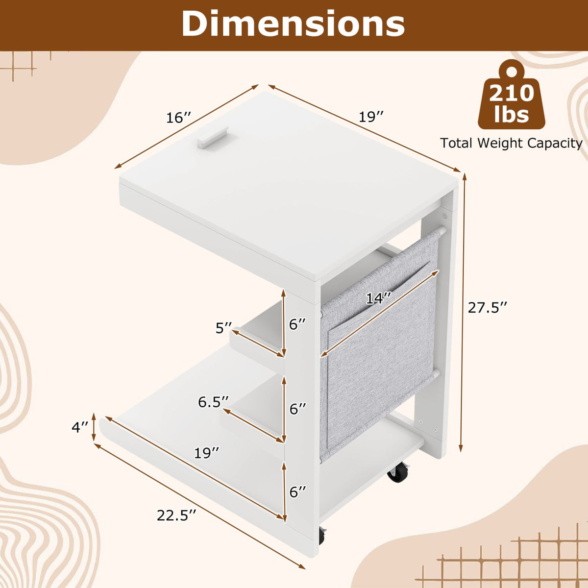 C-shaped End Table with Wheels and Adjustable Desktop for Sofa Couch Bedside-White-End & Side Tables-DECOROLALA