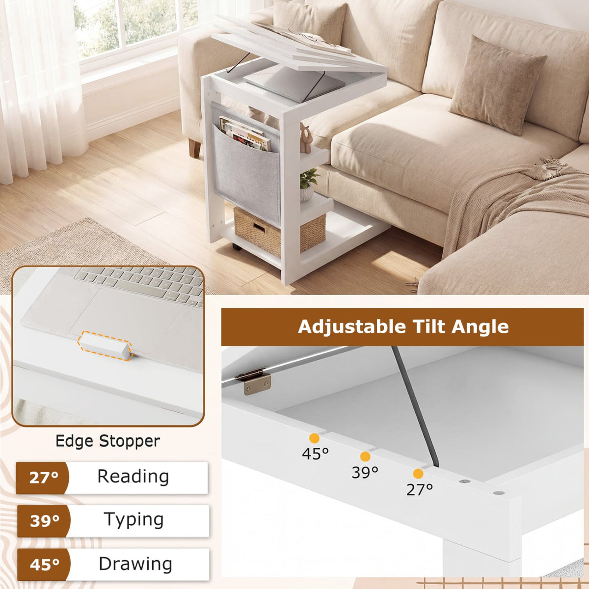 C-shaped End Table with Wheels and Adjustable Desktop for Sofa Couch Bedside-White-End & Side Tables-DECOROLALA