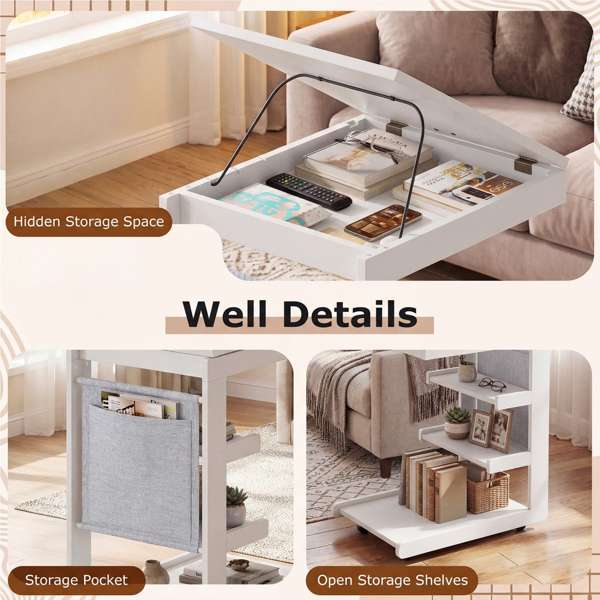 C-shaped End Table with Wheels and Adjustable Desktop for Sofa Couch Bedside-White-End & Side Tables-DECOROLALA