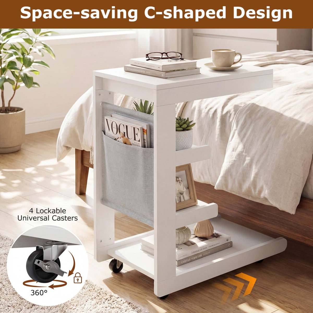 C-shaped End Table with Wheels and Adjustable Desktop for Sofa Couch Bedside-White-End & Side Tables-DECOROLALA
