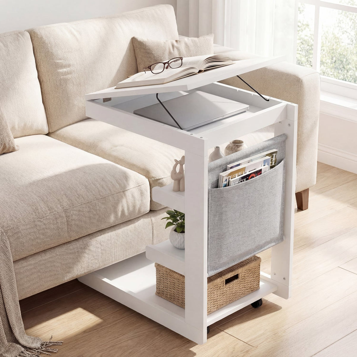 C-shaped End Table with Wheels and Adjustable Desktop for Sofa Couch Bedside-White-End & Side Tables-DECOROLALA