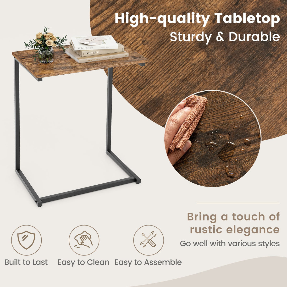 C-shaped Industrial End Table with Metal Frame-End & Side Tables-DECOROLALA