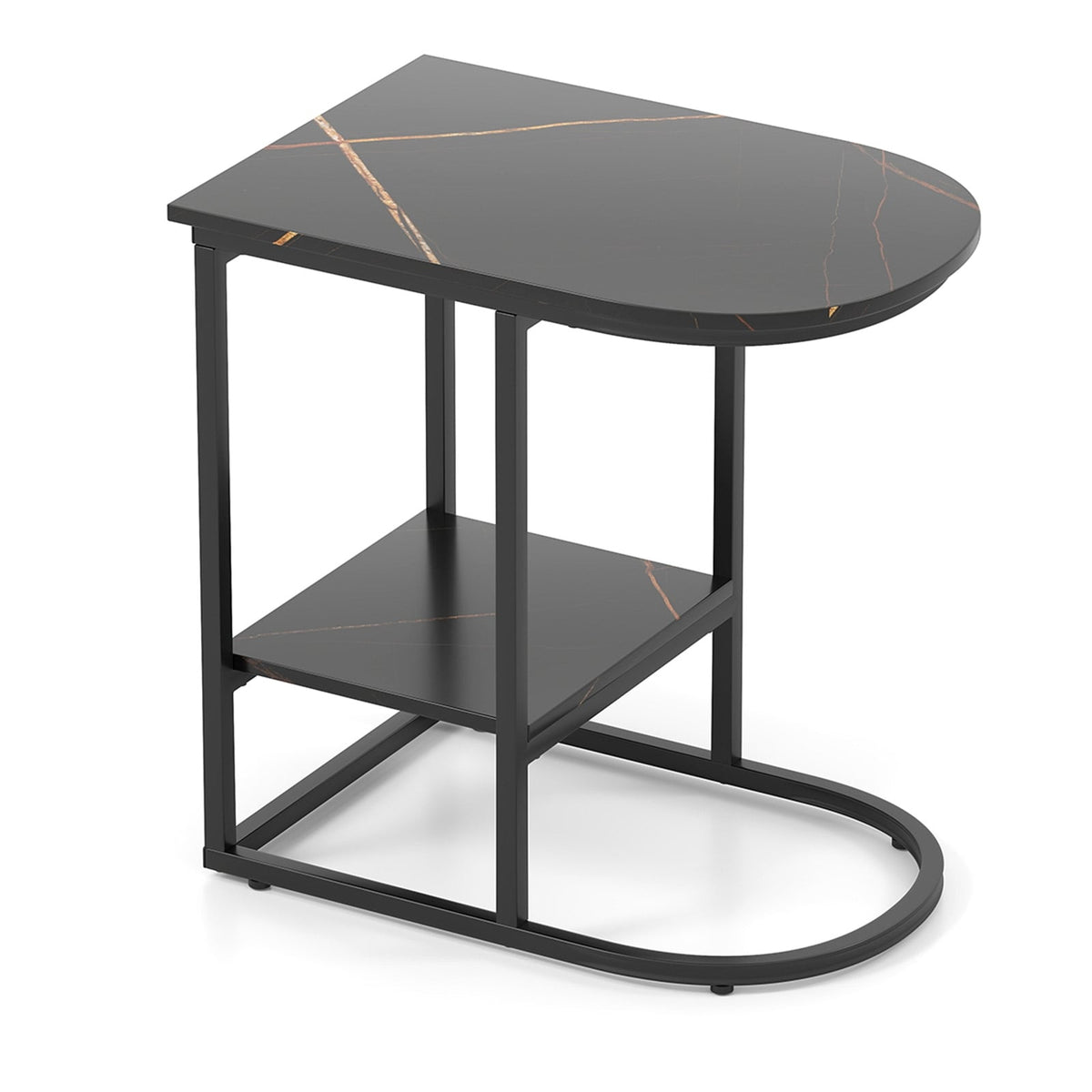 C-shaped Modern Sofa Side Table with Faux Marble Tabletop and Storage Shelf-Black-End & Side Tables-DECOROLALA