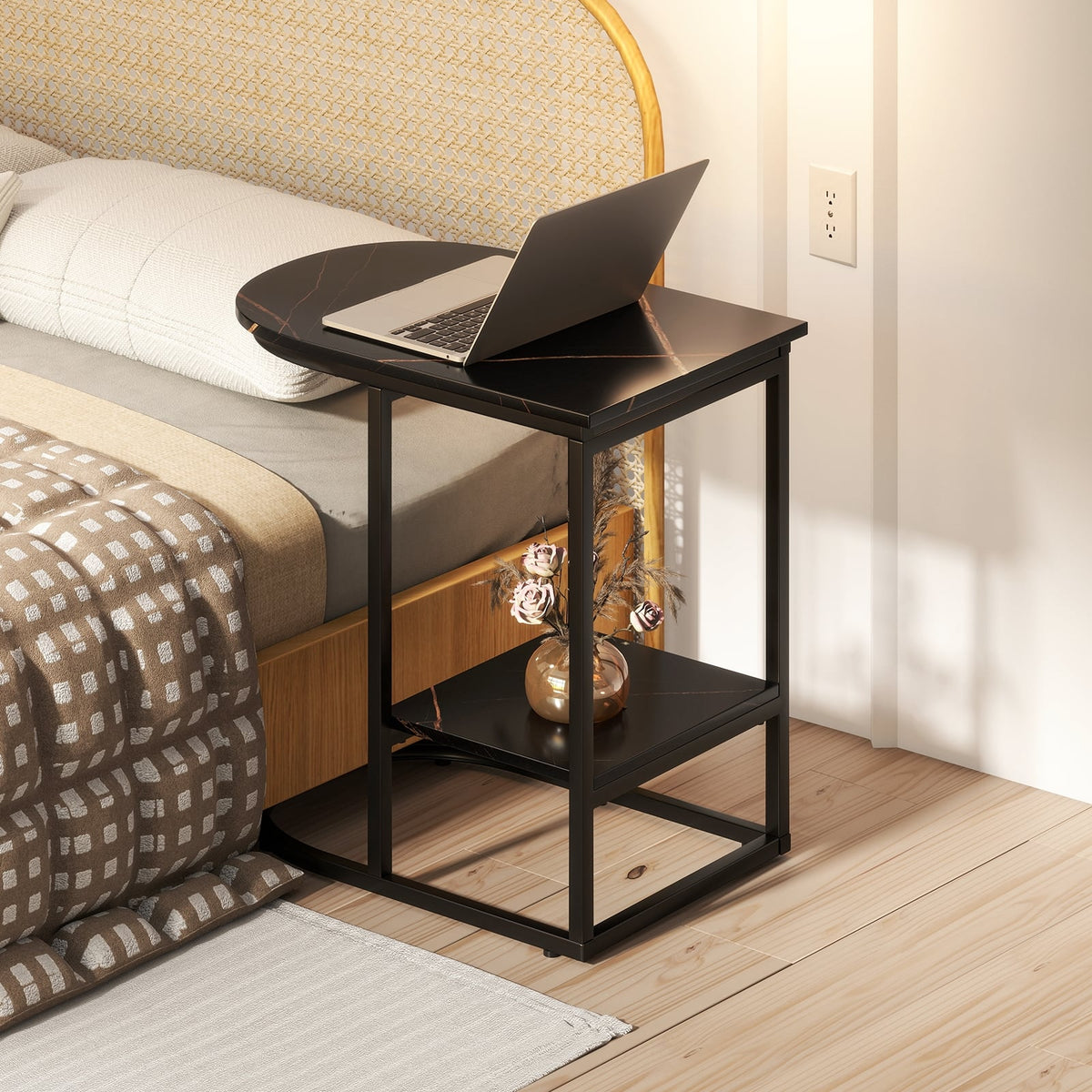 C-shaped Modern Sofa Side Table with Faux Marble Tabletop and Storage Shelf-Black-End & Side Tables-DECOROLALA