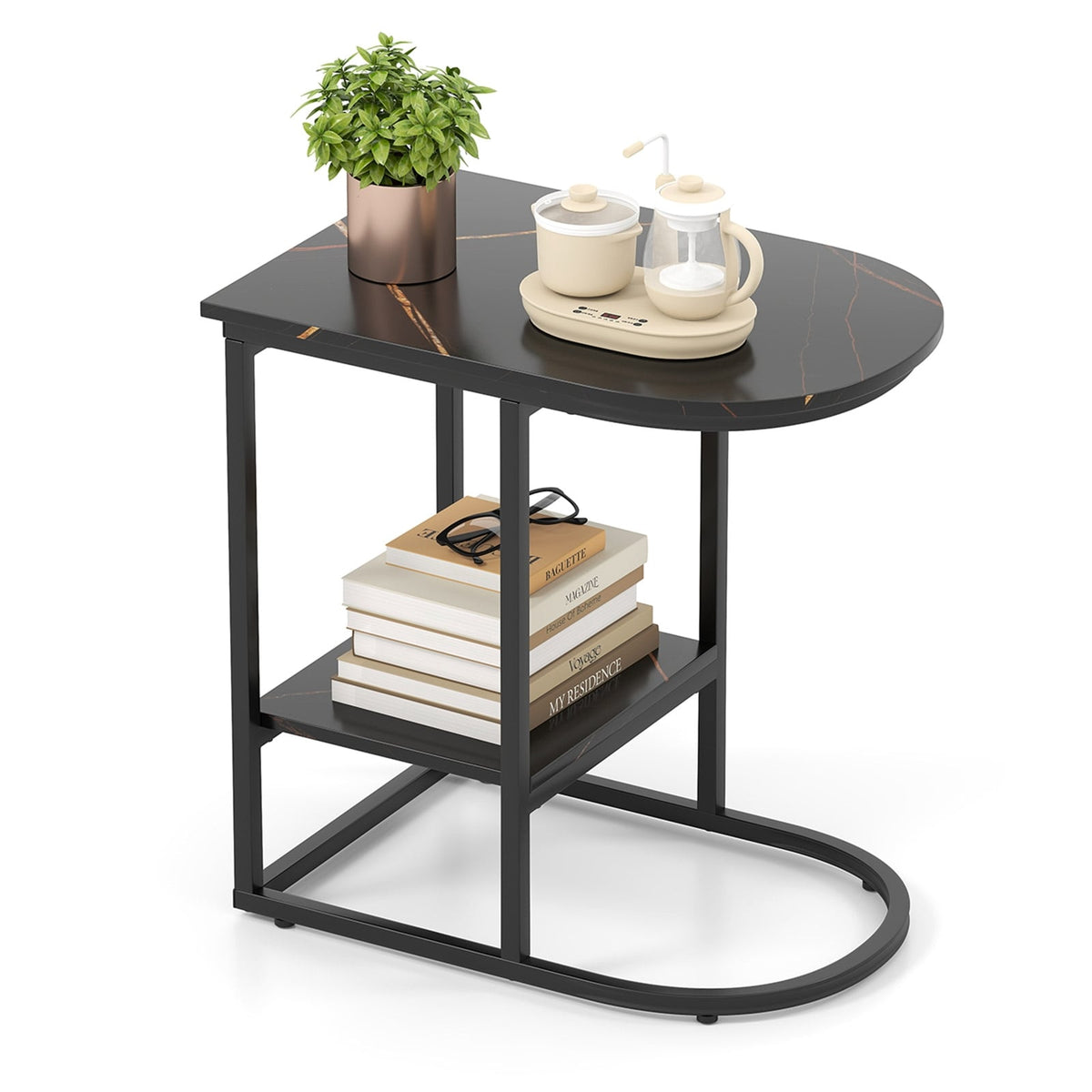C-shaped Modern Sofa Side Table with Faux Marble Tabletop and Storage Shelf-Black-End & Side Tables-DECOROLALA