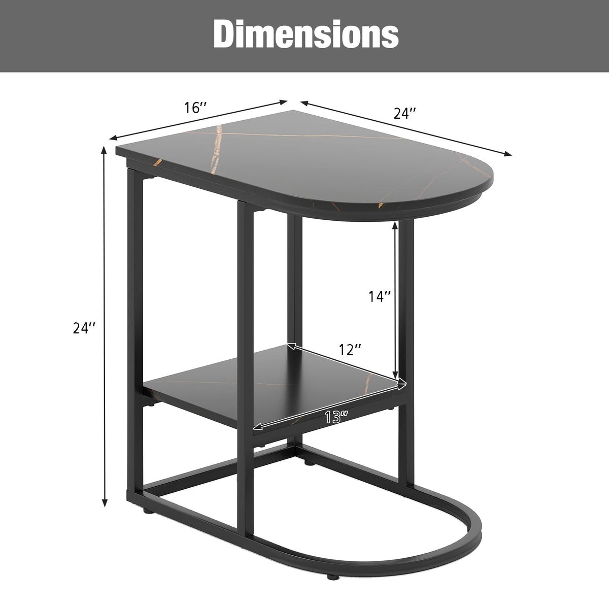 C-shaped Modern Sofa Side Table with Faux Marble Tabletop and Storage Shelf-Black-End & Side Tables-DECOROLALA