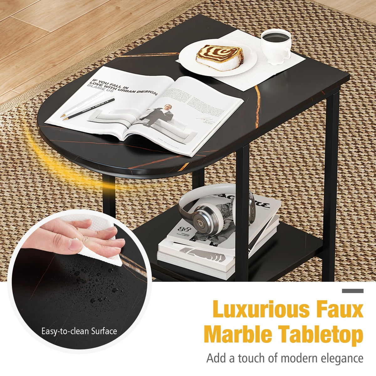C-shaped Modern Sofa Side Table with Faux Marble Tabletop and Storage Shelf-Black-End & Side Tables-DECOROLALA
