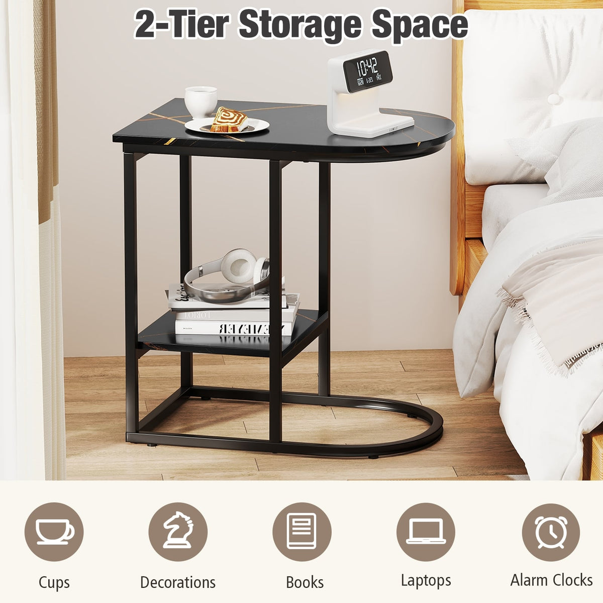 C-shaped Modern Sofa Side Table with Faux Marble Tabletop and Storage Shelf-Black-End & Side Tables-DECOROLALA