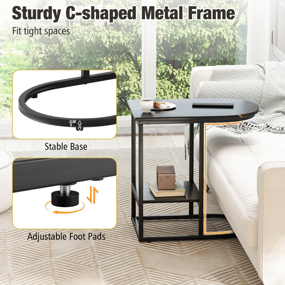 C-shaped Modern Sofa Side Table with Faux Marble Tabletop and Storage Shelf-Black-End & Side Tables-DECOROLALA
