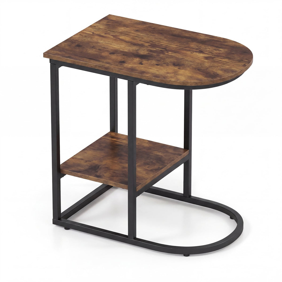 C-shaped Modern Sofa Side Table with Faux Marble Tabletop and Storage Shelf-Rustic Brown-End & Side Tables-DECOROLALA