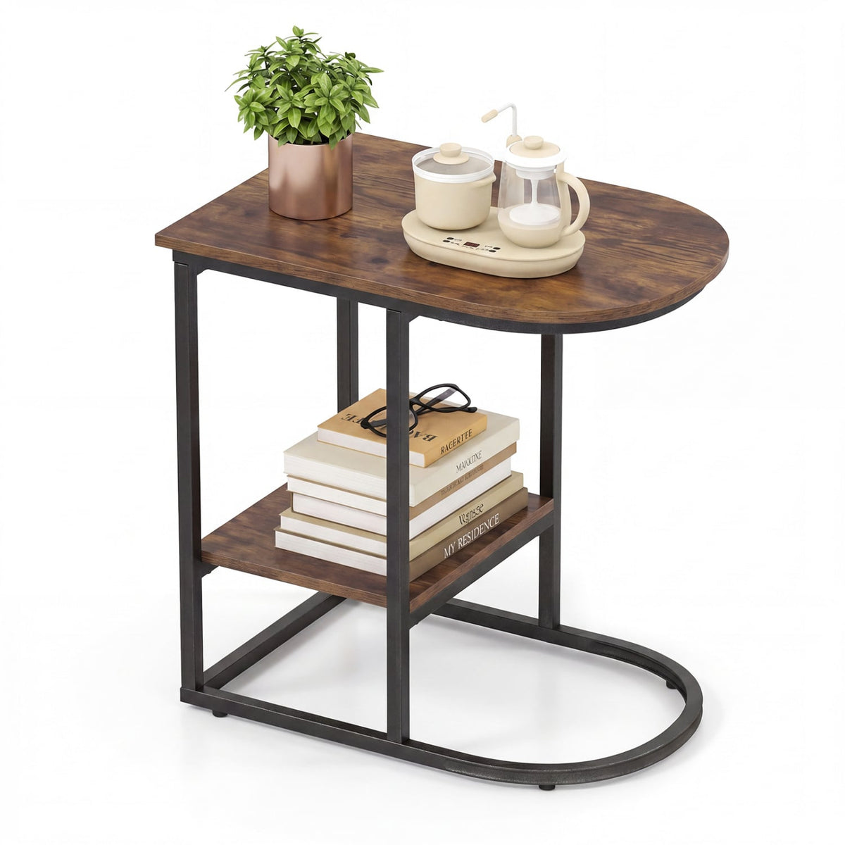 C-shaped Modern Sofa Side Table with Faux Marble Tabletop and Storage Shelf-Rustic Brown-End & Side Tables-DECOROLALA