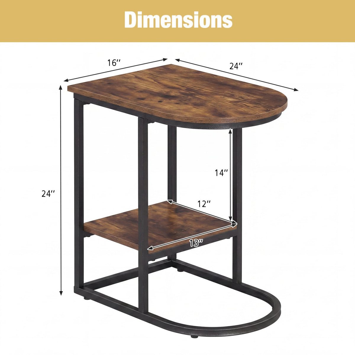 C-shaped Modern Sofa Side Table with Faux Marble Tabletop and Storage Shelf-Rustic Brown-End & Side Tables-DECOROLALA