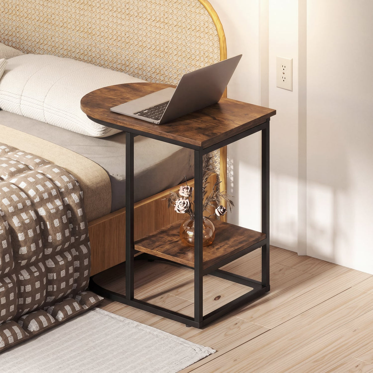 C-shaped Modern Sofa Side Table with Faux Marble Tabletop and Storage Shelf-Rustic Brown-End & Side Tables-DECOROLALA