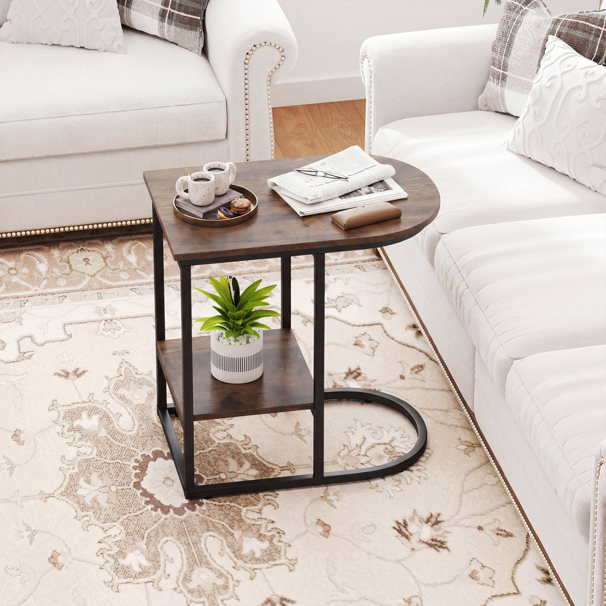 C-shaped Modern Sofa Side Table with Faux Marble Tabletop and Storage Shelf-Rustic Brown-End & Side Tables-DECOROLALA