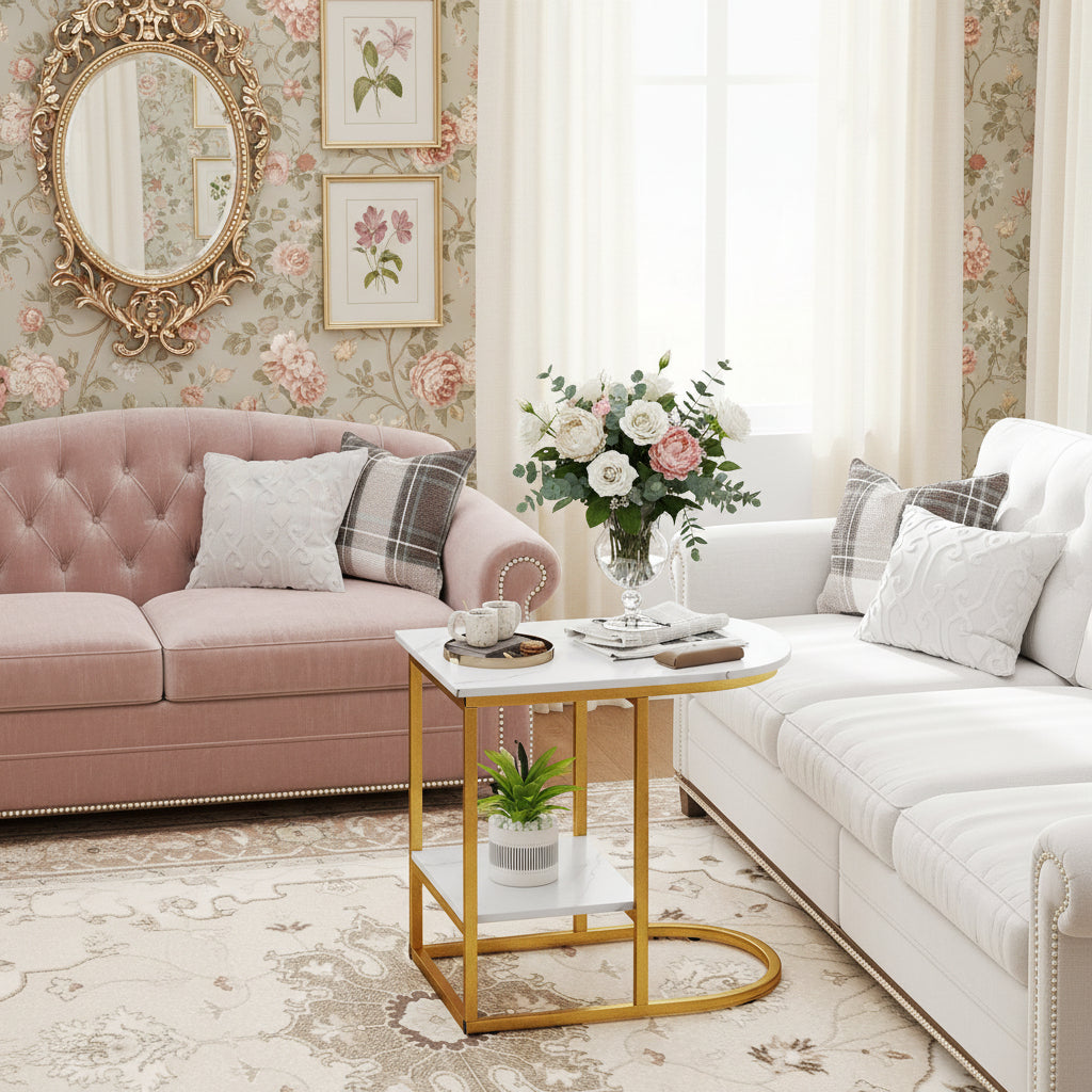 C-shaped Modern Sofa Side Table with Faux Marble Tabletop and Storage Shelf-White-End & Side Tables-DECOROLALA