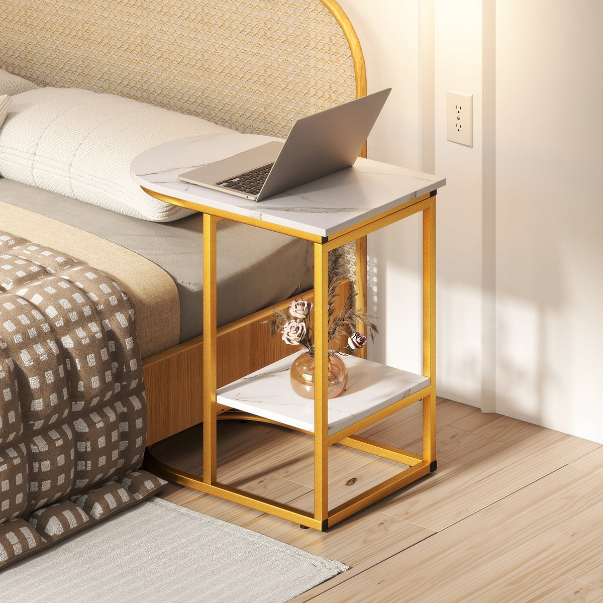 C-shaped Modern Sofa Side Table with Faux Marble Tabletop and Storage Shelf-White-End & Side Tables-DECOROLALA