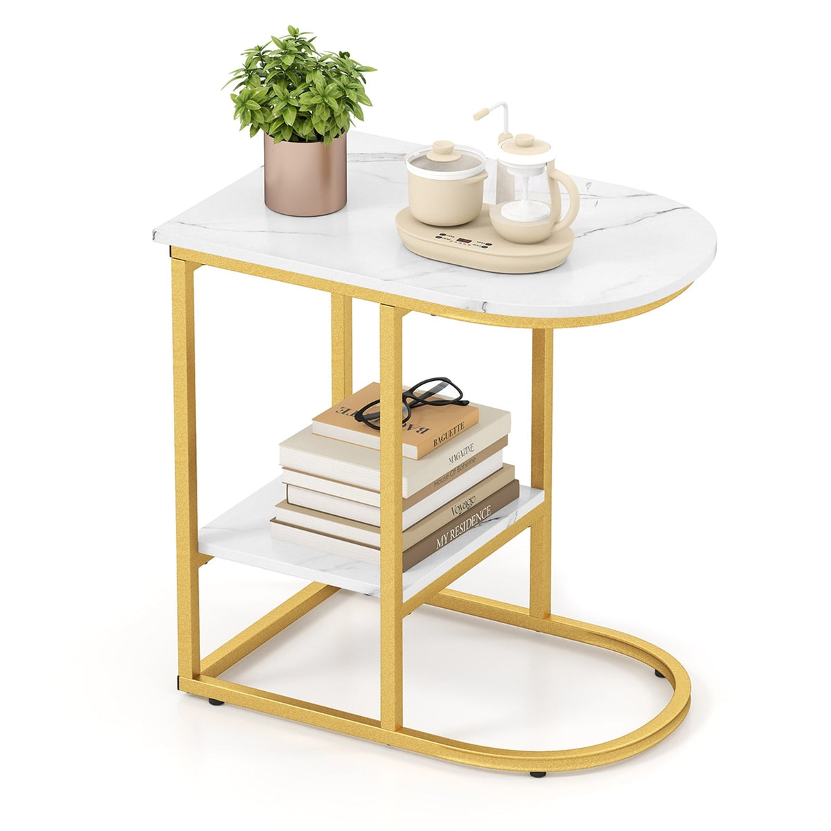 C-shaped Modern Sofa Side Table with Faux Marble Tabletop and Storage Shelf-White-End & Side Tables-DECOROLALA