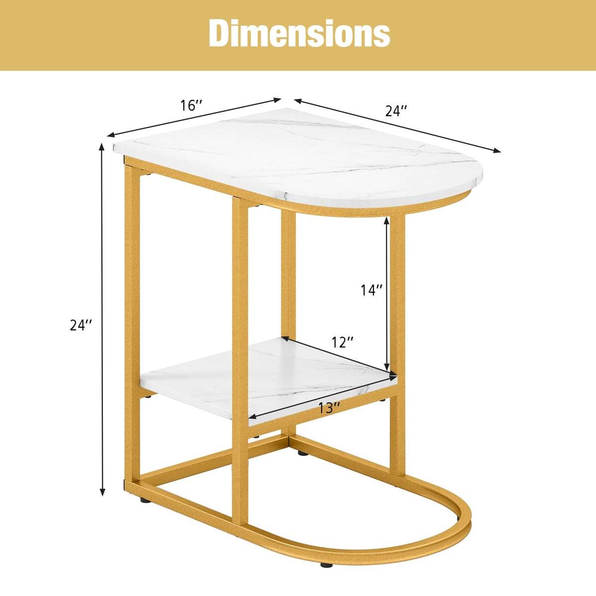 C-shaped Modern Sofa Side Table with Faux Marble Tabletop and Storage Shelf-White-End & Side Tables-DECOROLALA