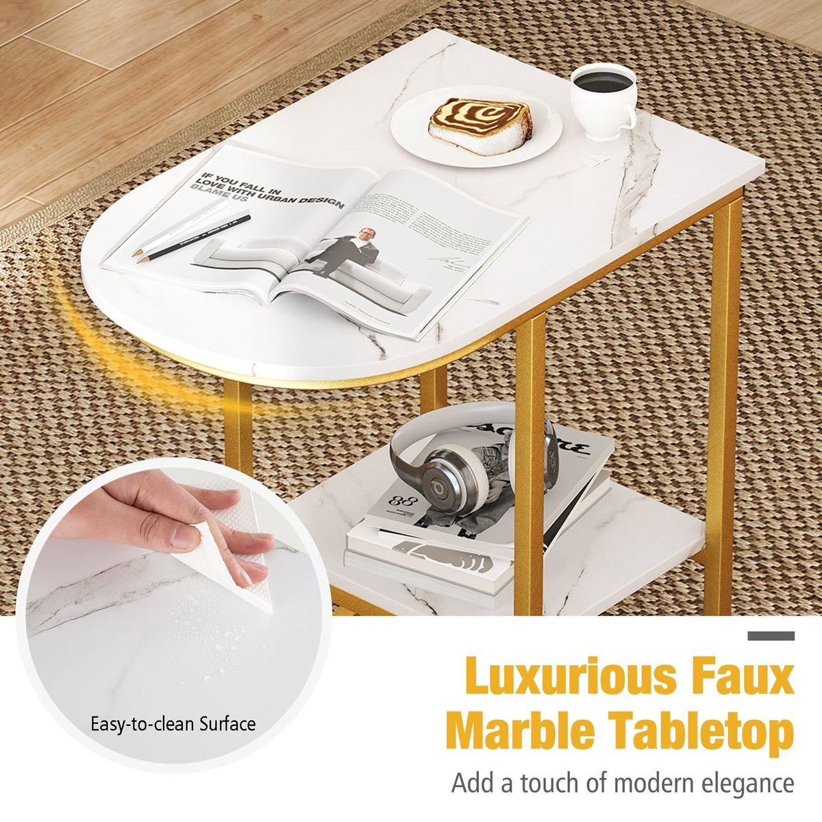C-shaped Modern Sofa Side Table with Faux Marble Tabletop and Storage Shelf-White-End & Side Tables-DECOROLALA