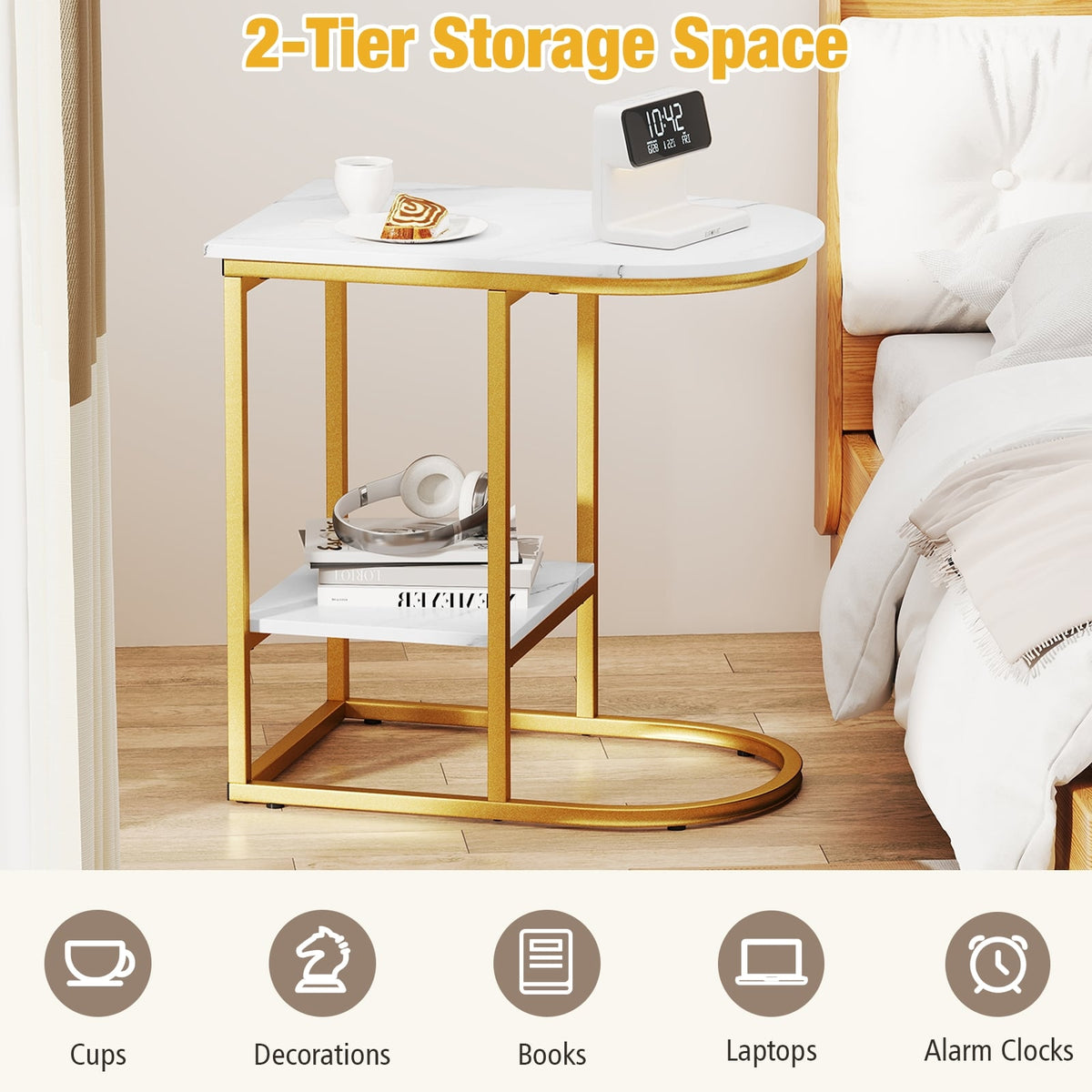 C-shaped Modern Sofa Side Table with Faux Marble Tabletop and Storage Shelf-White-End & Side Tables-DECOROLALA