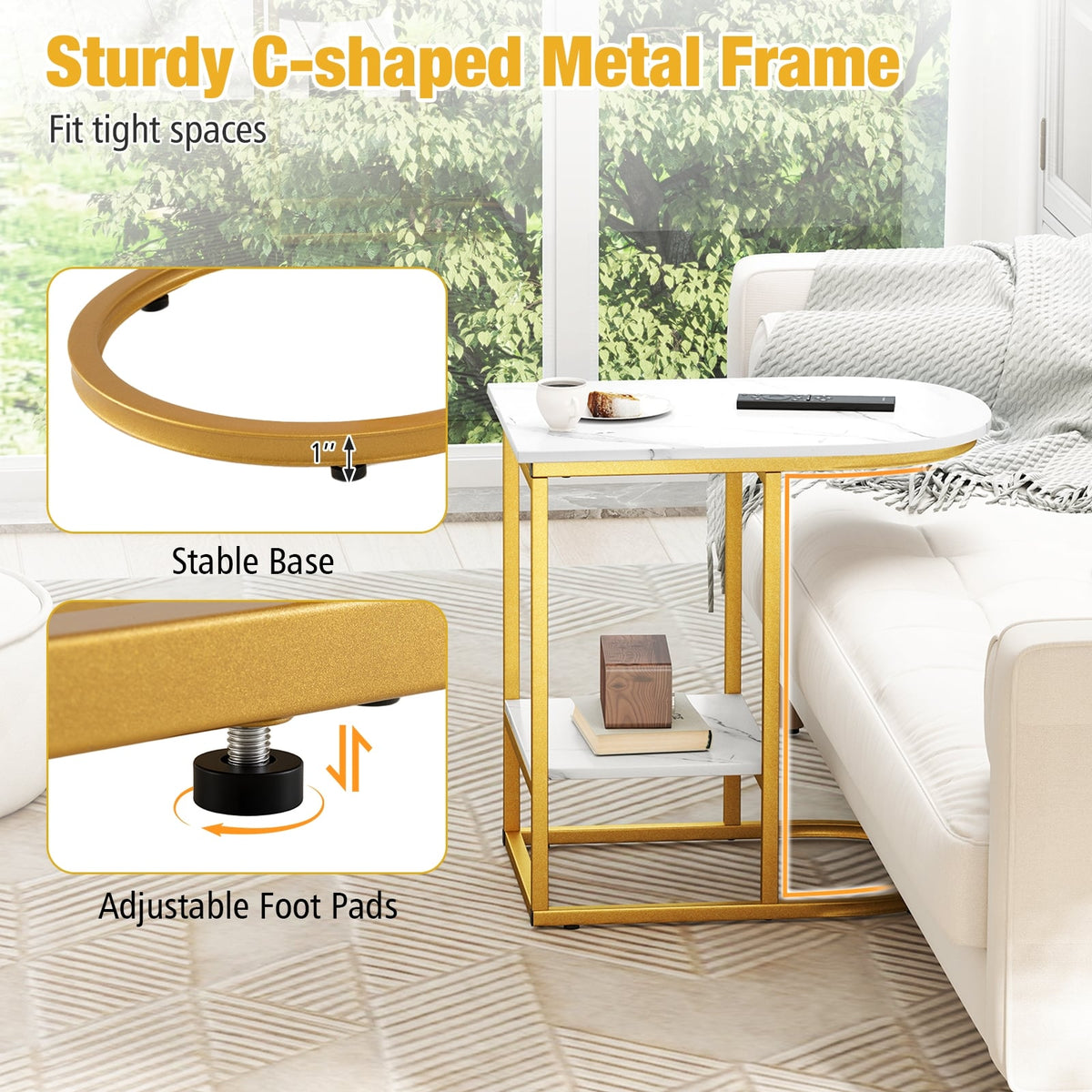 C-shaped Modern Sofa Side Table with Faux Marble Tabletop and Storage Shelf-White-End & Side Tables-DECOROLALA