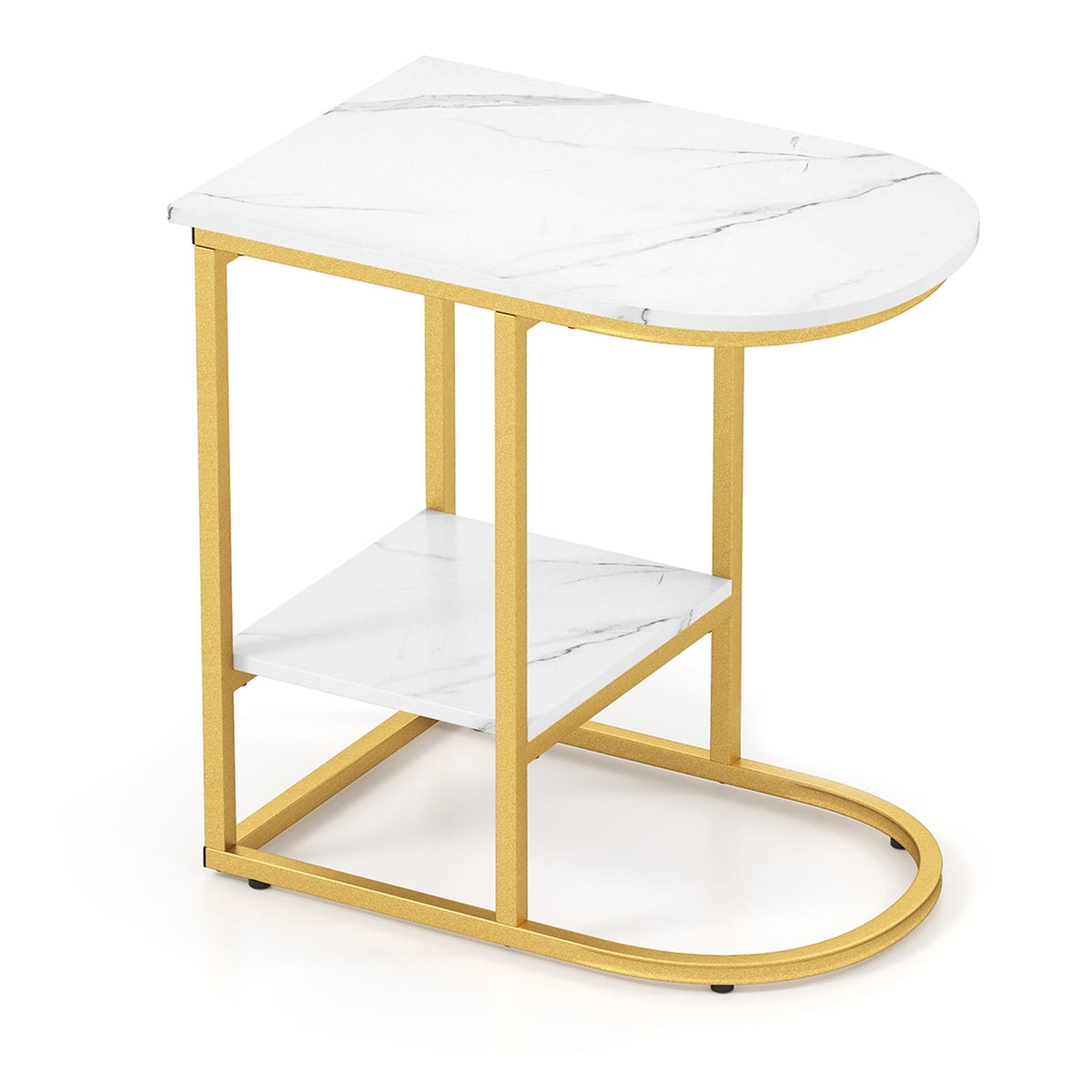 C-shaped Modern Sofa Side Table with Faux Marble Tabletop and Storage Shelf-White-End & Side Tables-DECOROLALA