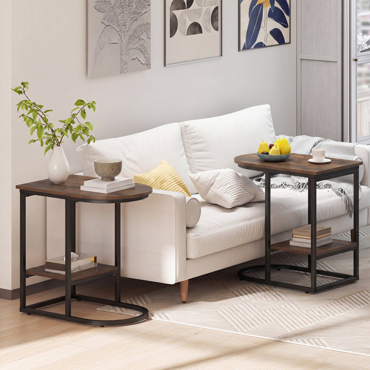 C-shaped Modern Sofa Side Table with Storage Shelf Faux and Marble Tabletop -Rustic Brown-End & Side Tables-DECOROLALA