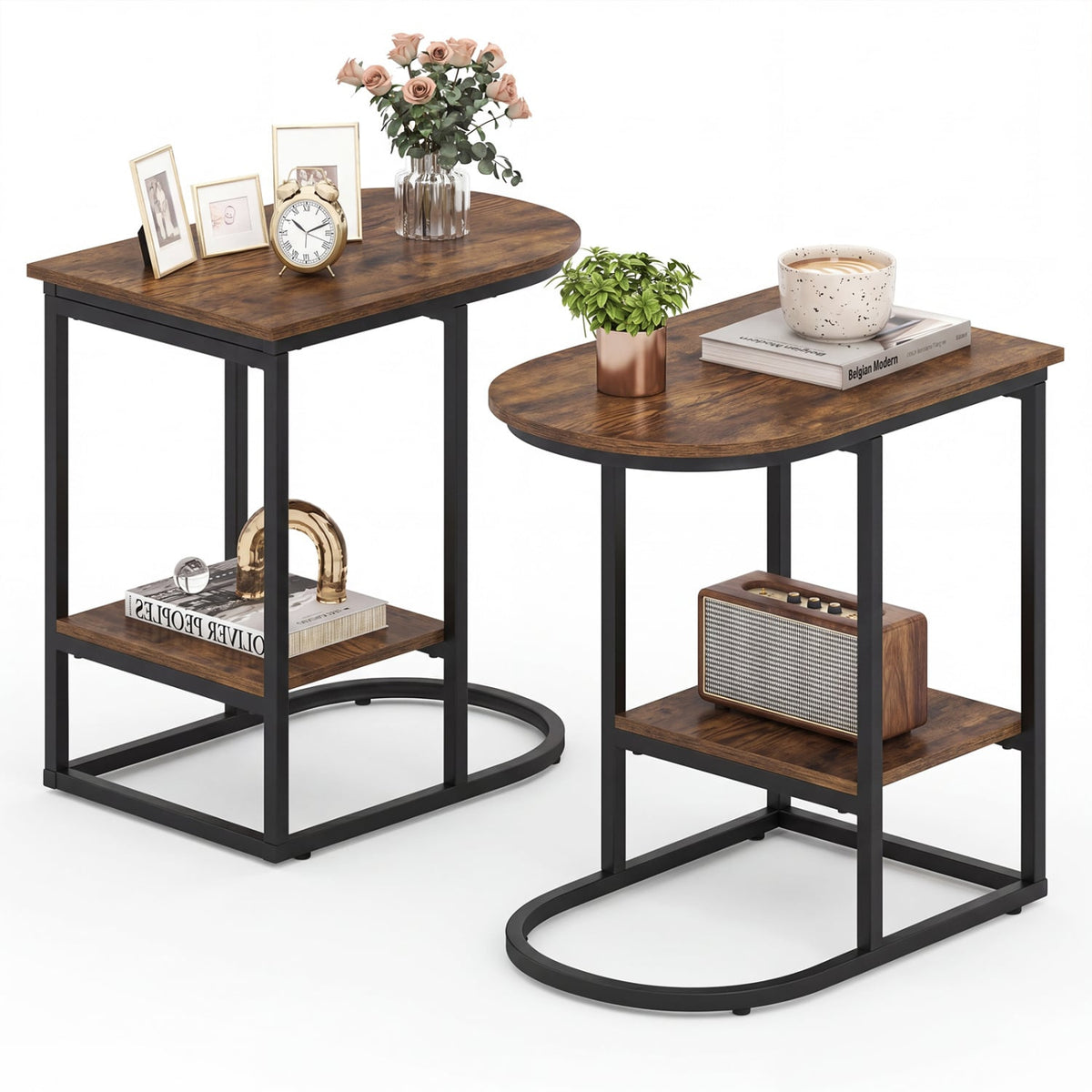 C-shaped Modern Sofa Side Table with Storage Shelf Faux and Marble Tabletop -Rustic Brown-End & Side Tables-DECOROLALA