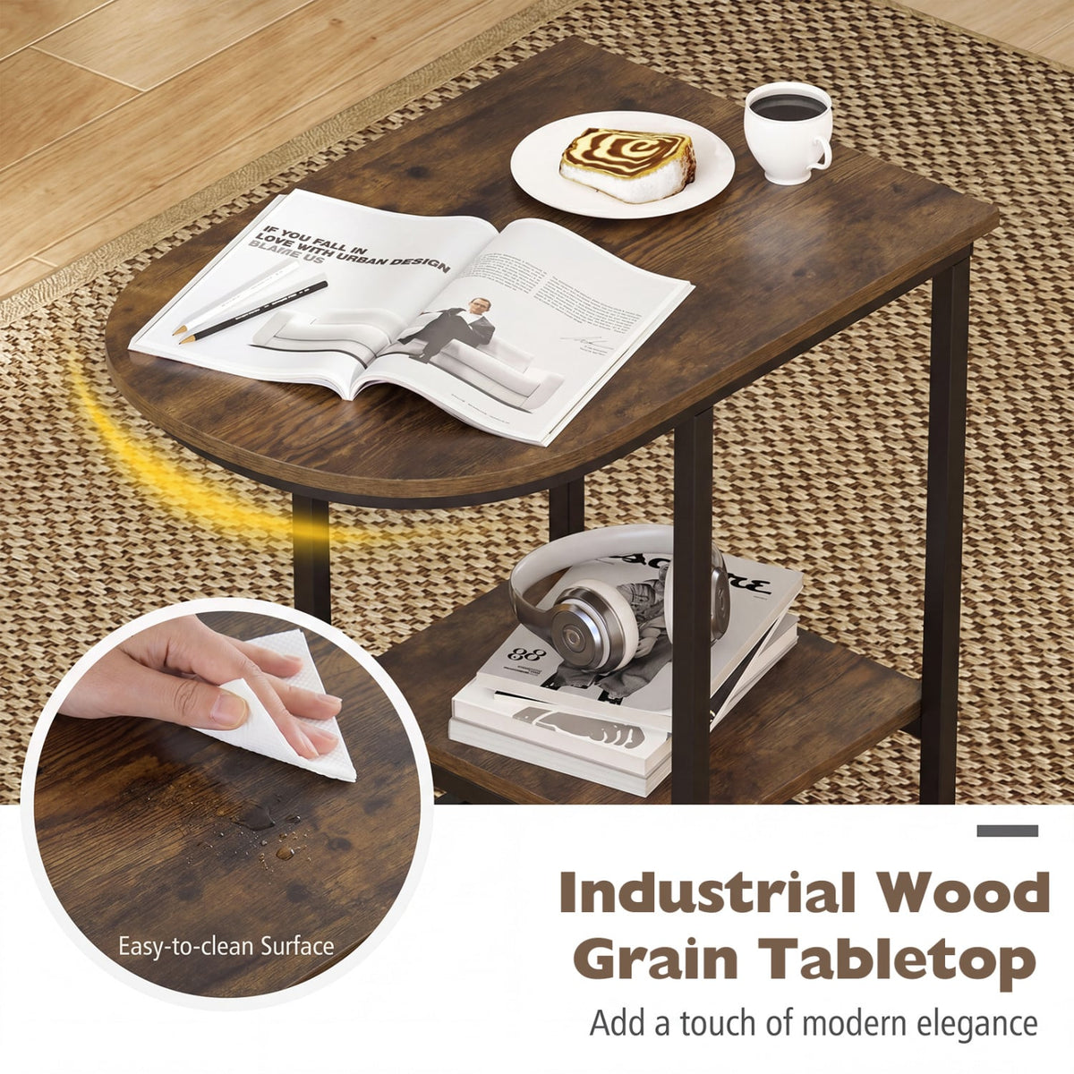 C-shaped Modern Sofa Side Table with Storage Shelf Faux and Marble Tabletop -Rustic Brown-End & Side Tables-DECOROLALA