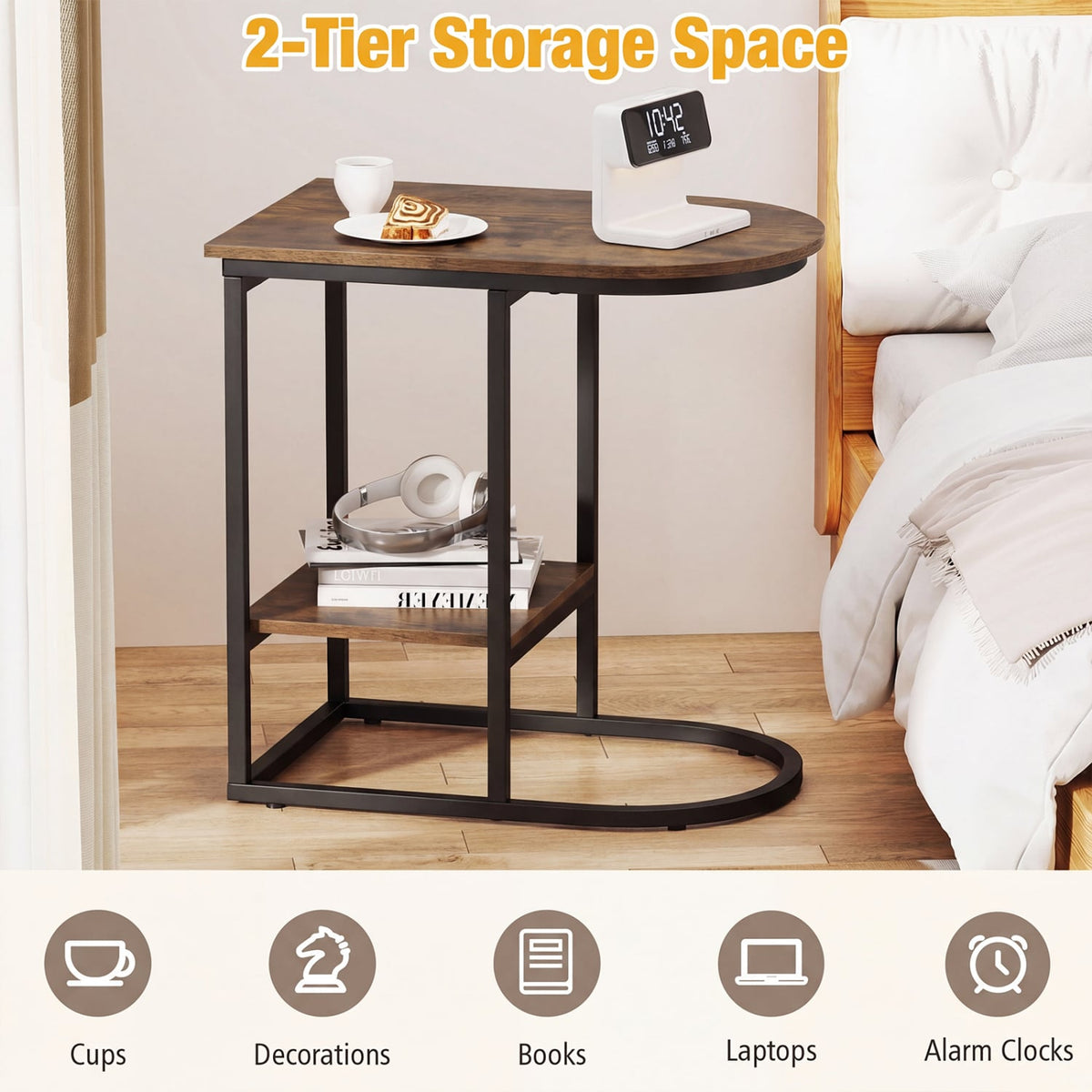 C-shaped Modern Sofa Side Table with Storage Shelf Faux and Marble Tabletop -Rustic Brown-End & Side Tables-DECOROLALA