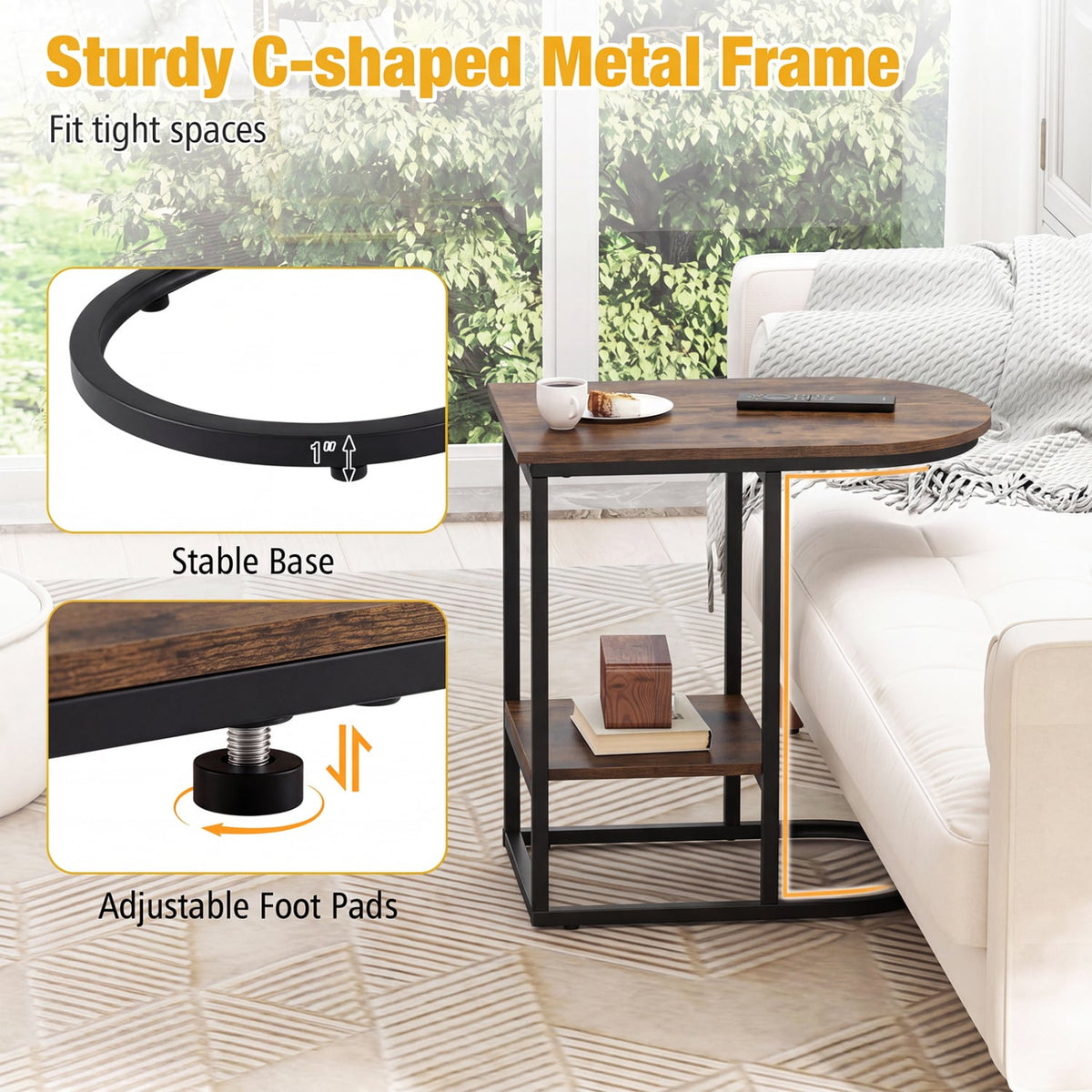 C-shaped Modern Sofa Side Table with Storage Shelf Faux and Marble Tabletop -Rustic Brown-End & Side Tables-DECOROLALA