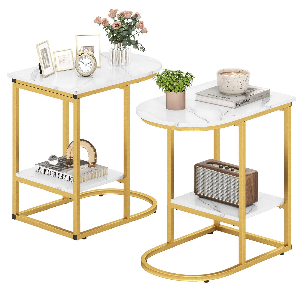 C-shaped Modern Sofa Side Table with Storage Shelf Faux and Marble Tabletop-White-End & Side Tables-DECOROLALA