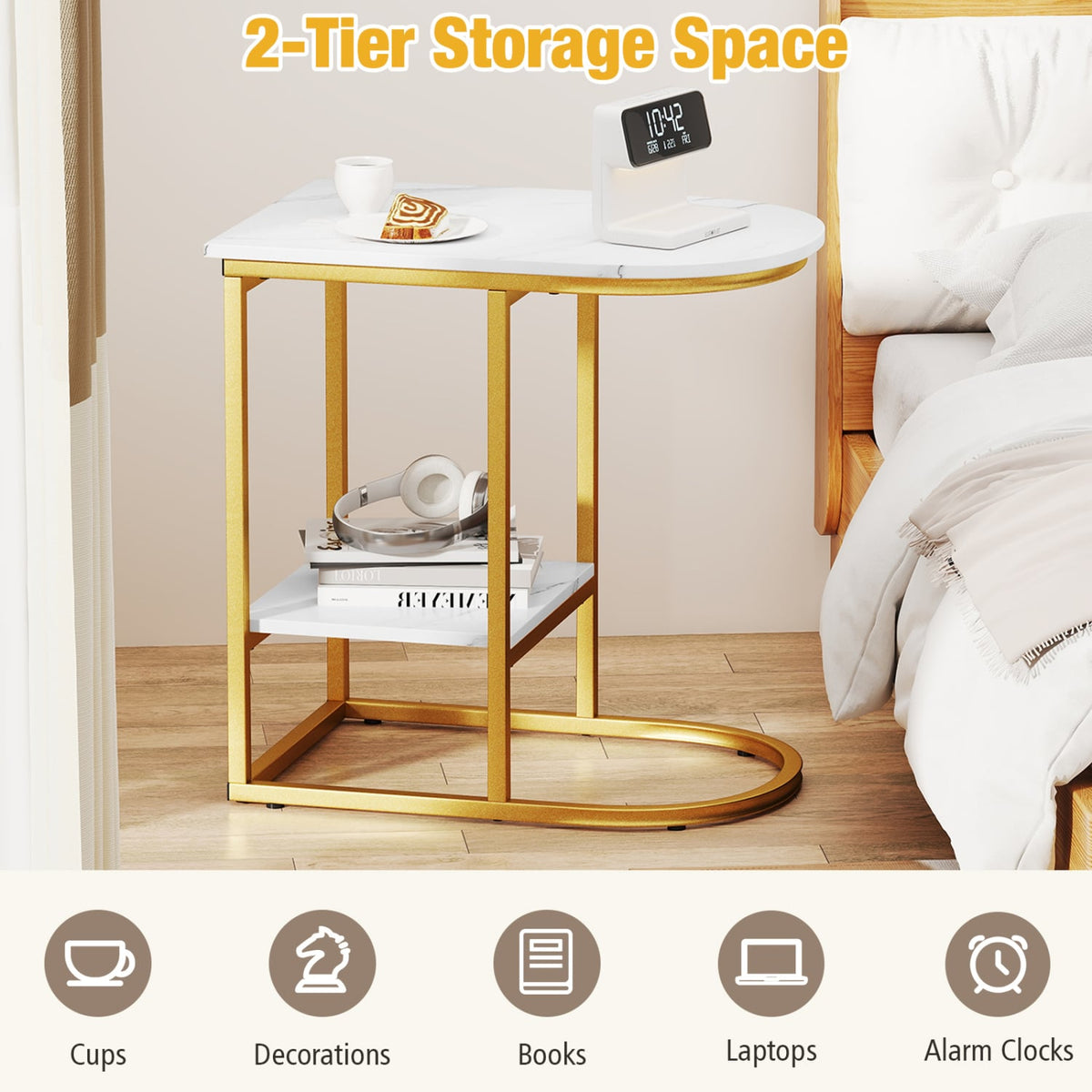 C-shaped Modern Sofa Side Table with Storage Shelf Faux and Marble Tabletop-White-End & Side Tables-DECOROLALA