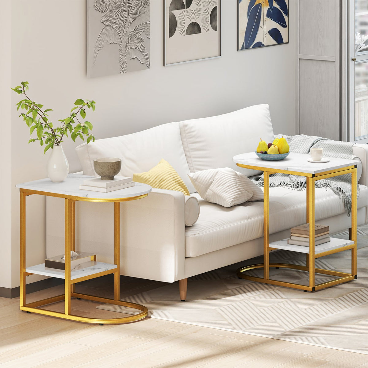 C-shaped Modern Sofa Side Table with Storage Shelf Faux and Marble Tabletop-White-End & Side Tables-DECOROLALA